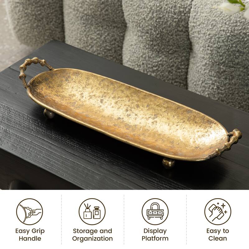Glitzhome Set of 2 Rustic Fall Oval Metal Gold Decorative Trays with Handles -19"/21"L