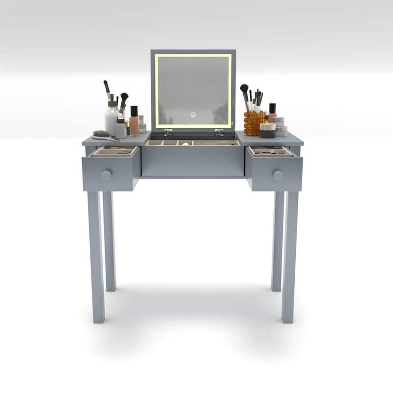 Sleek Vanity Table with LED Lights, Flip-Top Mirror and 2 Drawers, Jewelry Storage for Women Dressing