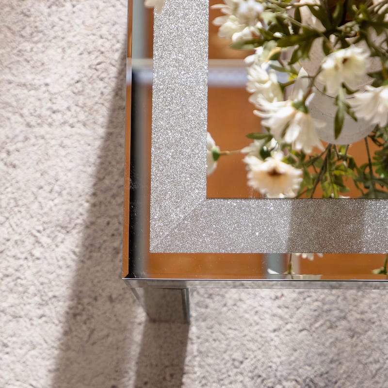 Silver Coffee Table with Crushed Crystal Border - Glam Modern Living Room Piece