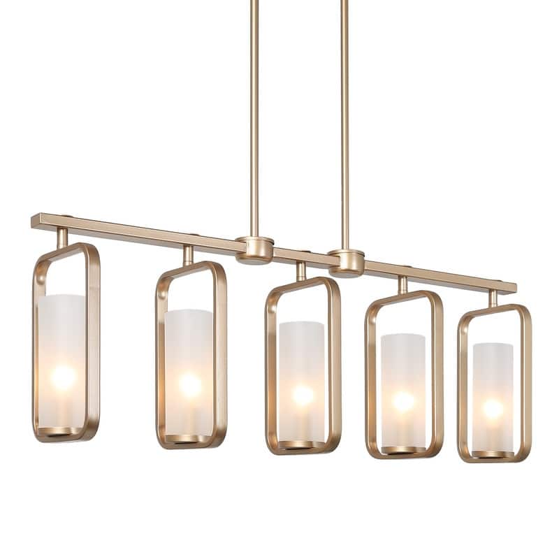 Siya Modern 5-Light Gold Linear Metal Chandelier with Frosted Glass for Kitchen Island Dimmable Pendant Lights
