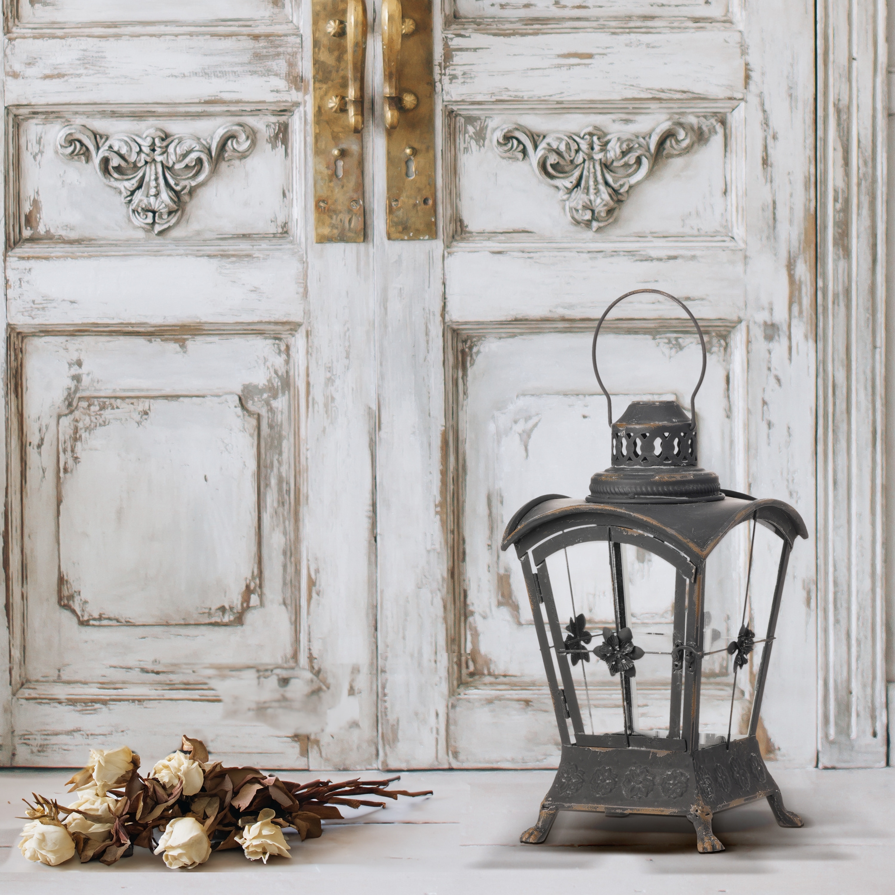 Metal And Glass Footed Lantern 8 X 13.75"T