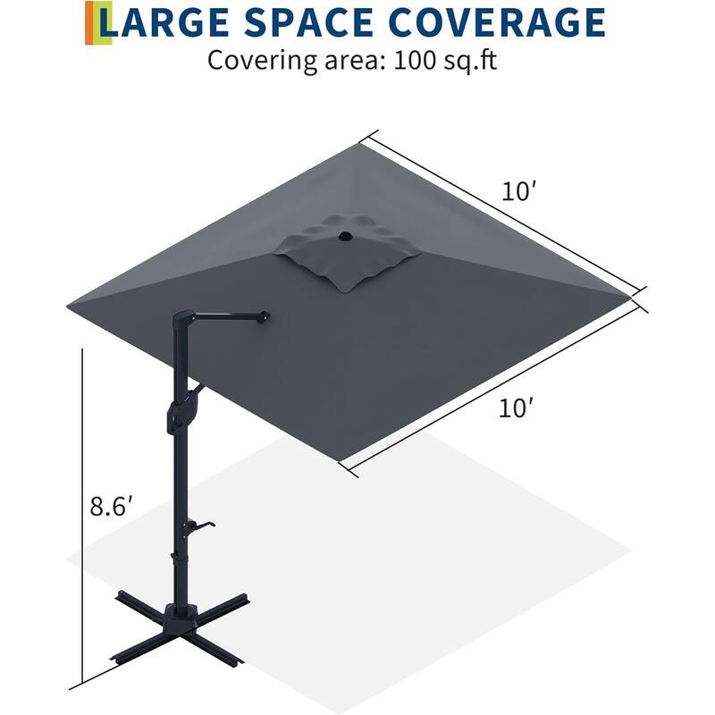 10' x 10' Heavy Duty Patio Umbrella, Square Offset Aluminum Sun Shade Outdoor Umbrella with 360-Degree Rotation