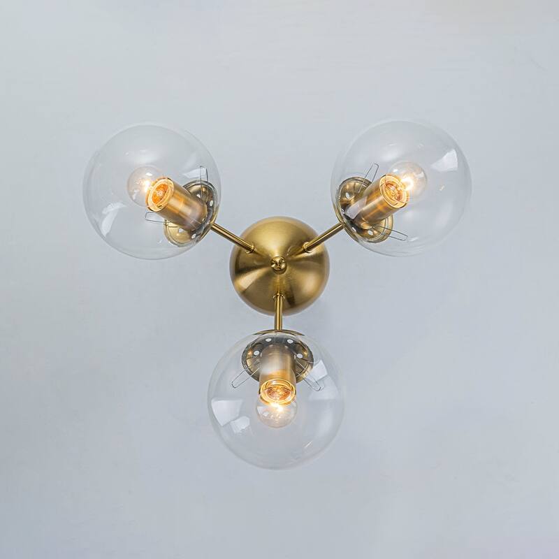 3-Light Brushed Brass Glass Globe Sputnik Semi Flush Mount