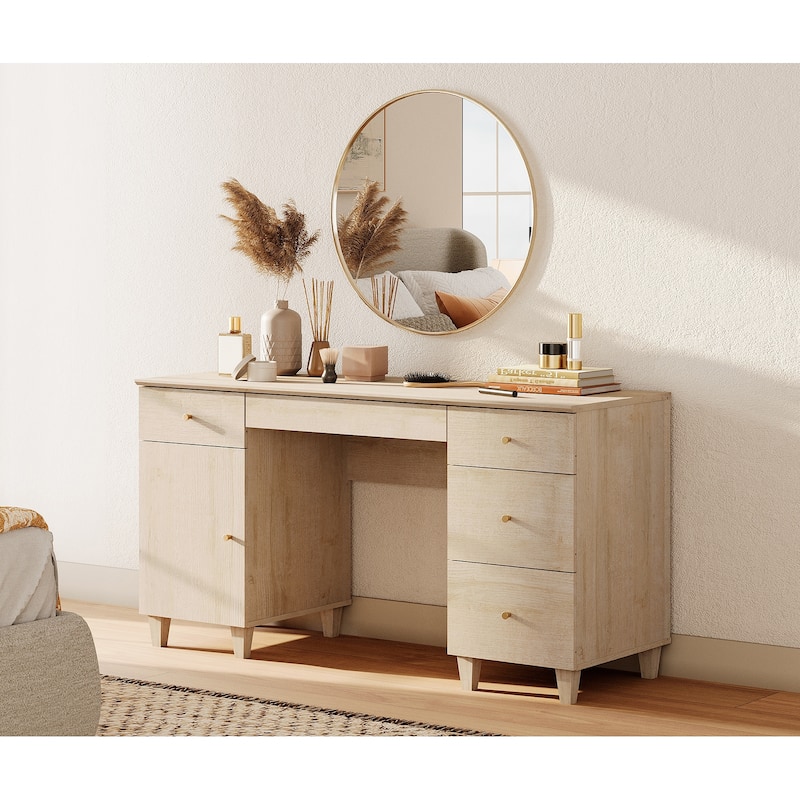 58" Wooden Vanity Desk with Storage Cabinet and Charging Station for Girls, Vanity Dressing Table for Bedroom