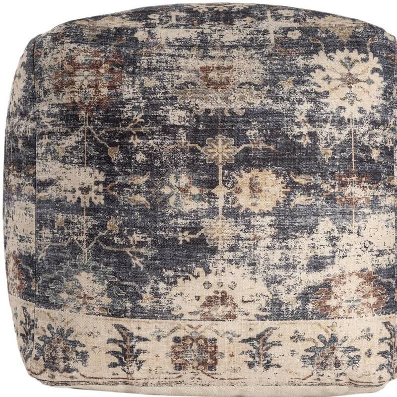 HomeRoots 18" Navy Blue and Tan Medallion Pouf Ottoman