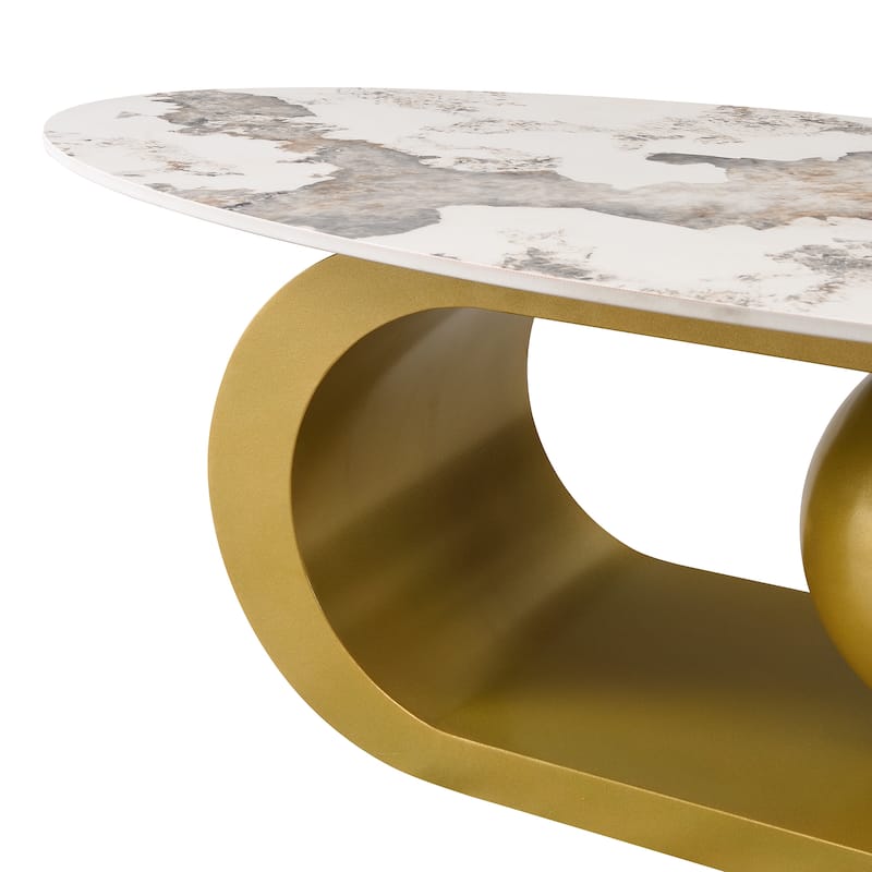 47.2" Modern Oval Coffee Table with Marble Pattern Top and Gold Stainless Steel Base