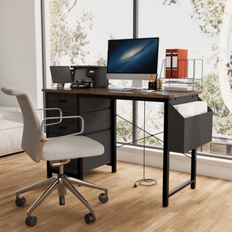 47'' Office Desk, Modern Reversible Study Writing Desk Workstation With Hutch, 3 Drawers, Power Outlets And Side Pockets - Brown