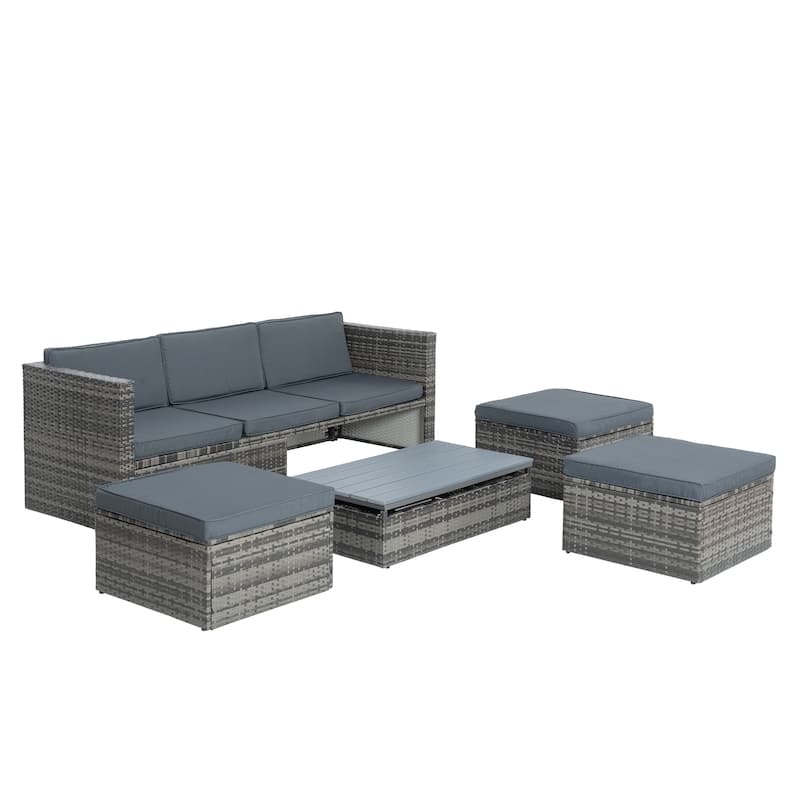 5 Pieces PE Wicker Outdoor Sectional Sofa Set with Lift-Top Coffee Table
