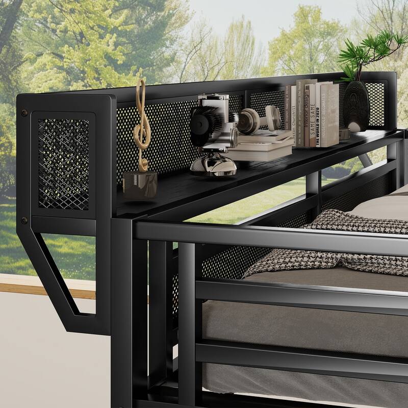 Twin XL Size Loft Bed with Stairs, Metal Full Loft Bed with Storage Shelves, High Loft Bed with Wardrobe for Kids Teens