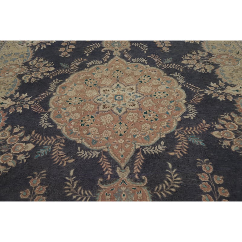 Hand Knotted Oriental 100% Wool Carpet Traditional Floral Navy Blue & Blues Tabriz Area Rug - 12' 1'' X 9' 4''