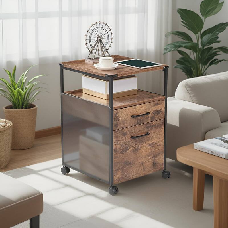 JJS Mobile Wood File Cabinet Open Shelf Filing Storage & Printer Stand for Letter-Size Hanging Files, Home Office Organizer