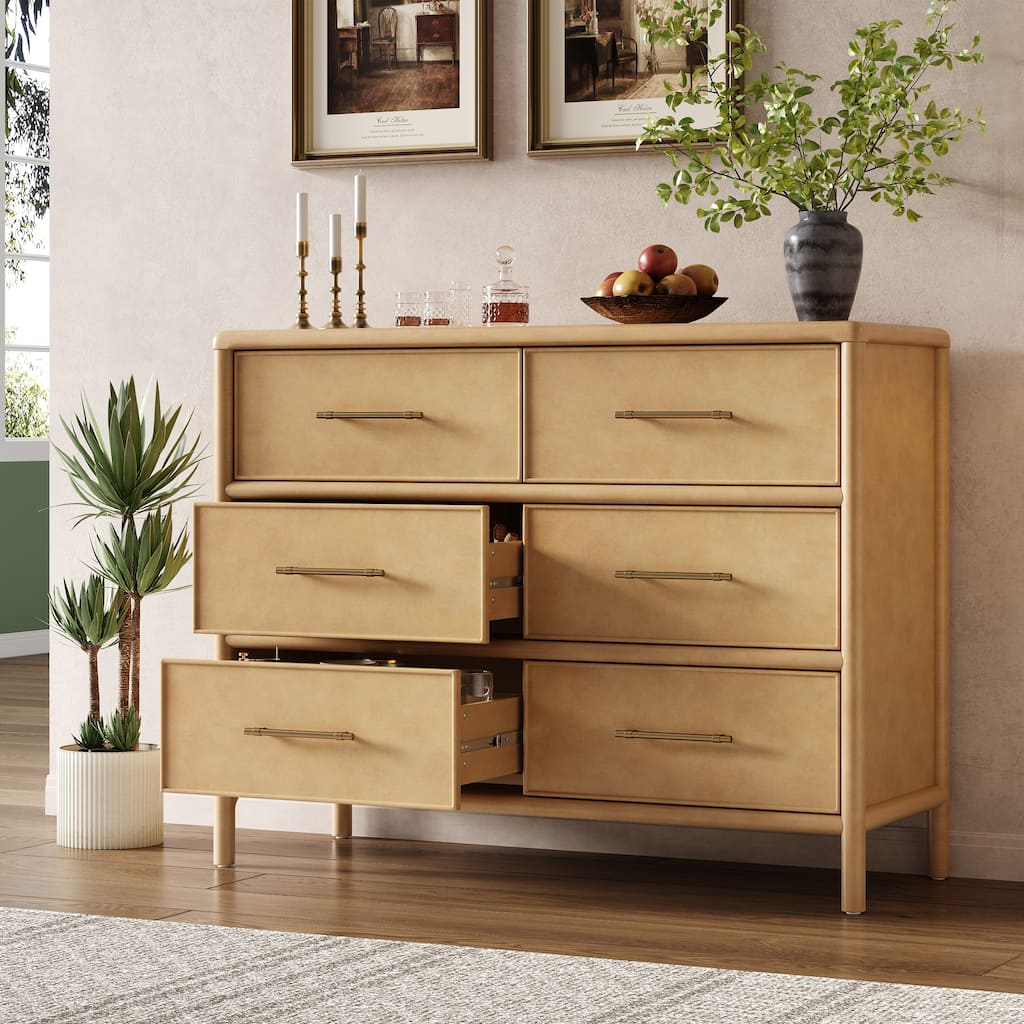 Roomfitters Large 6-Drawer Sideboard Storage Cabinet with Gold Handles