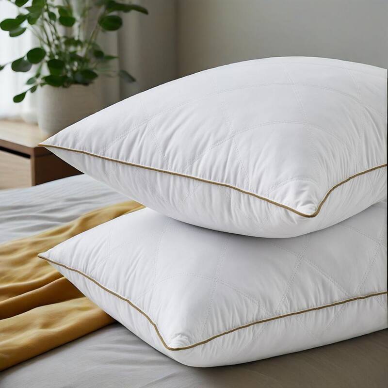 Set of 2 Goose Feather Medium-Firm Bed Pillows for Side & Back Sleepers with Quilted Cover - White