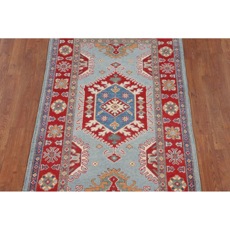 Light Blue Geometric Kazak Rug Hand-Knotted Wool Carpet - 3'1" x 5'3"