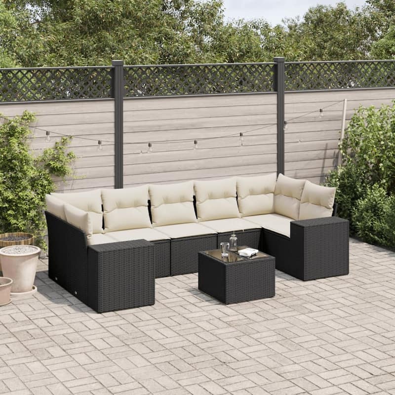 vidaXL Patio Sofa Set with Cushions Outdoor Furniture 8 Piece Poly Rattan - 24.4 x 24.4 x 27.2 - Black and cream