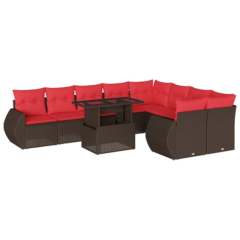 vidaXL 10 Piece Patio Sofa Set with Cushions Black/Brown/Gray Poly Rattan - 24.4 x 24.4 x 27.2