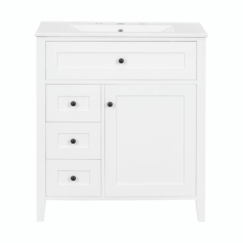 Bathroom Vanity with Sink, Modern MDF and Rubberwood Cabinet with 3 Drawers and Adjustable Shelf