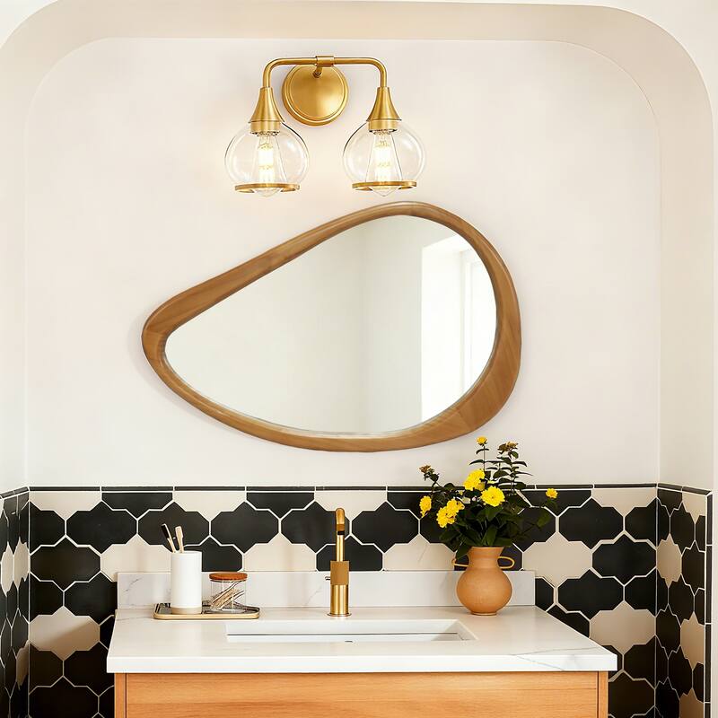 Modern Irregular Teardrop Wooden Wall Mirror - Mid-Century Home Decor for Bathroom, Bedroom - Natural Wood