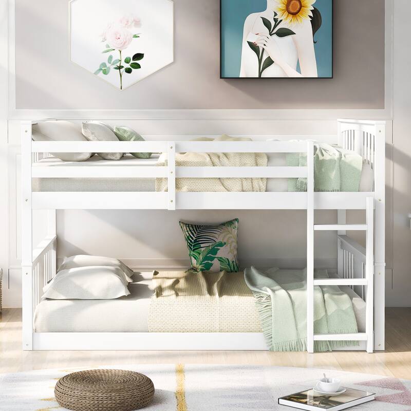 Full Over Full Bunk Bed with Ladder and Gray Solid Wood, 300lb Capacity, Space-Saving Design