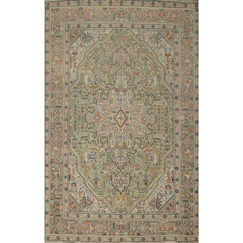 Hand Knotted Oriental 100% Wool Carpet Traditional Medallion Green Tabriz Area Rug - 9' 4'' X 6' 4''
