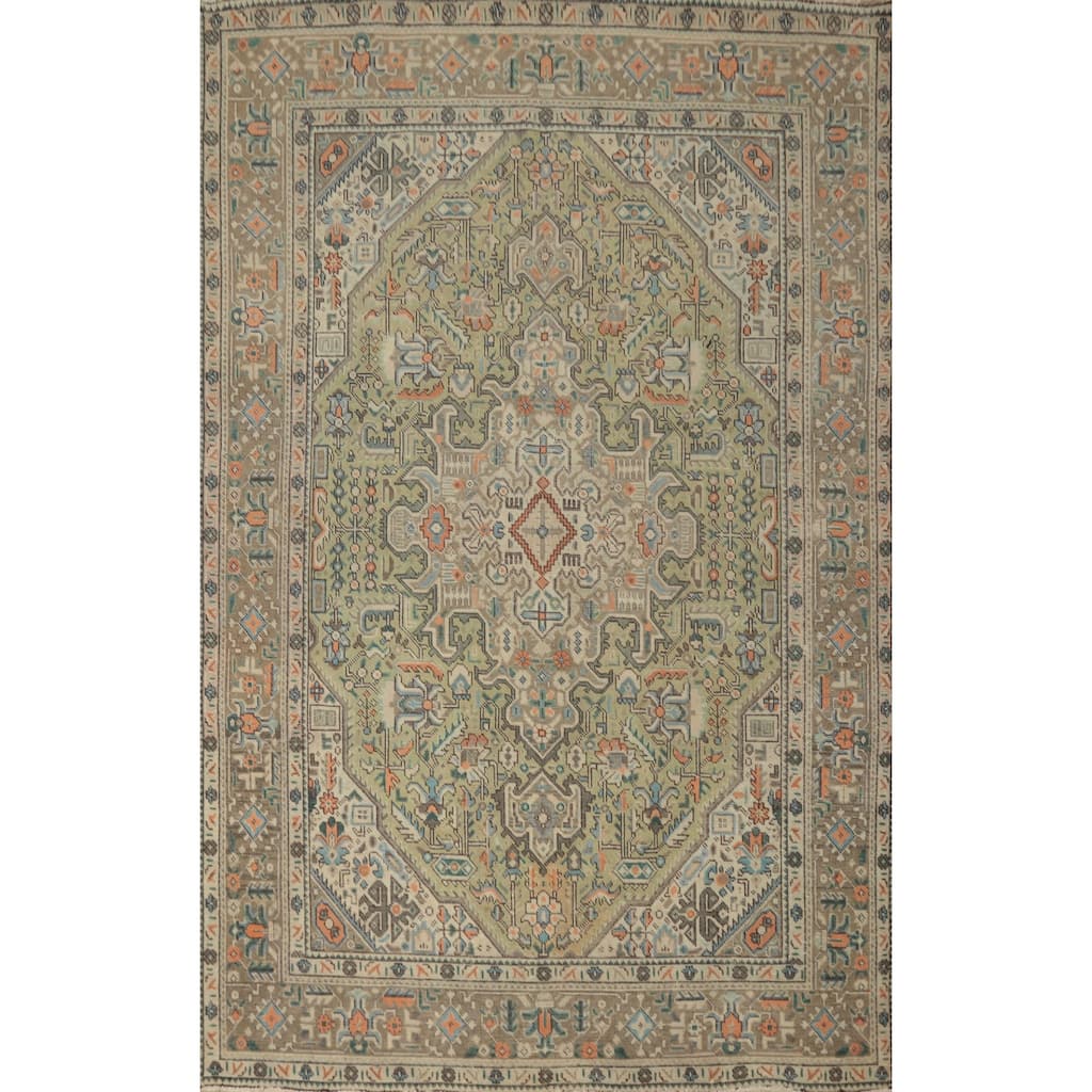 Hand Knotted Oriental 100% Wool Carpet Traditional Medallion Green Tabriz Area Rug - 9' 4'' X 6' 4''