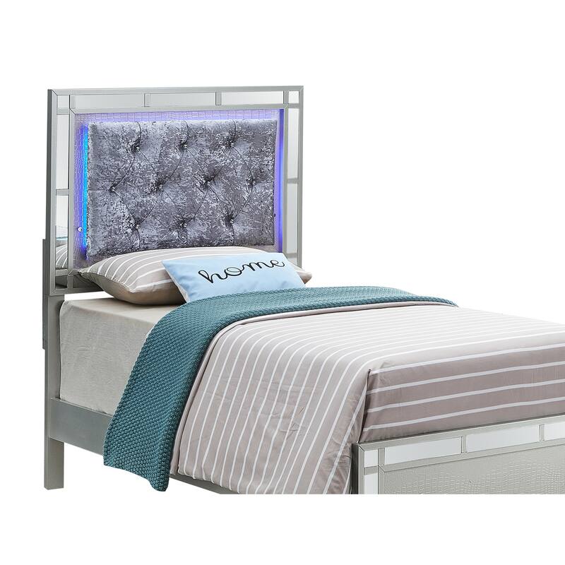 Asian Allure Twin Panel Bed - Silver Champagne Velvet Upholstered Headboard - 79"L x 57"W x 41"H