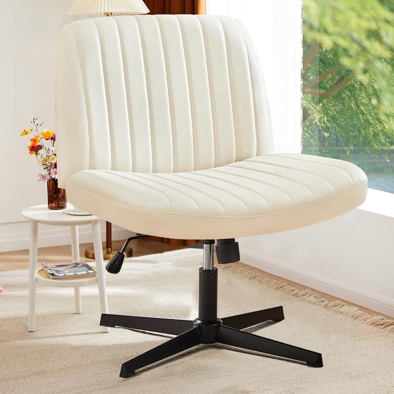 Cross Legged Armless Adjustable Swivel Padded Home Office Desk Chair No Wheels - Beige