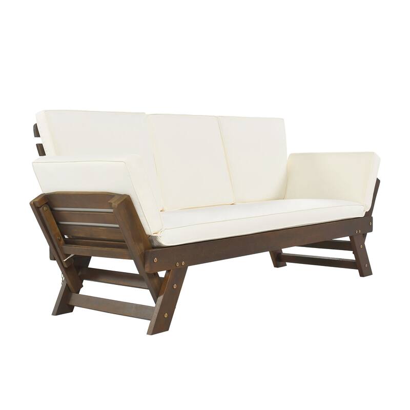 Outdoor Acacia Wood Adjustable Daybed Sofa with Cushions, Expandable Patio Chaise Lounge for Small Spaces, Deck or Balcony