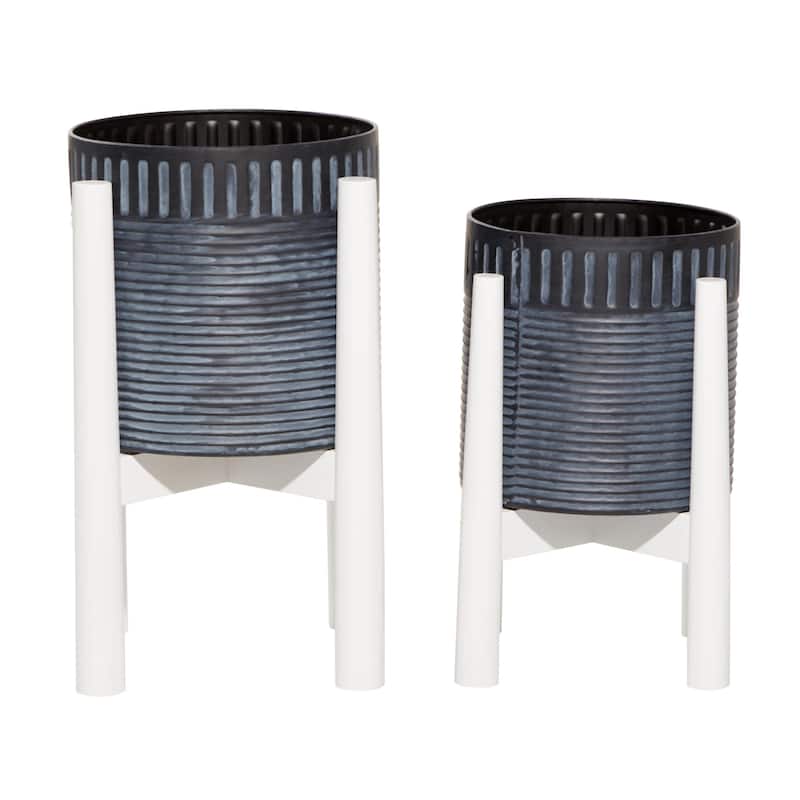 Metal Indoor Outdoor Planter with Removable Wood Stand - Set of 2 Black or White - Roche River Decor