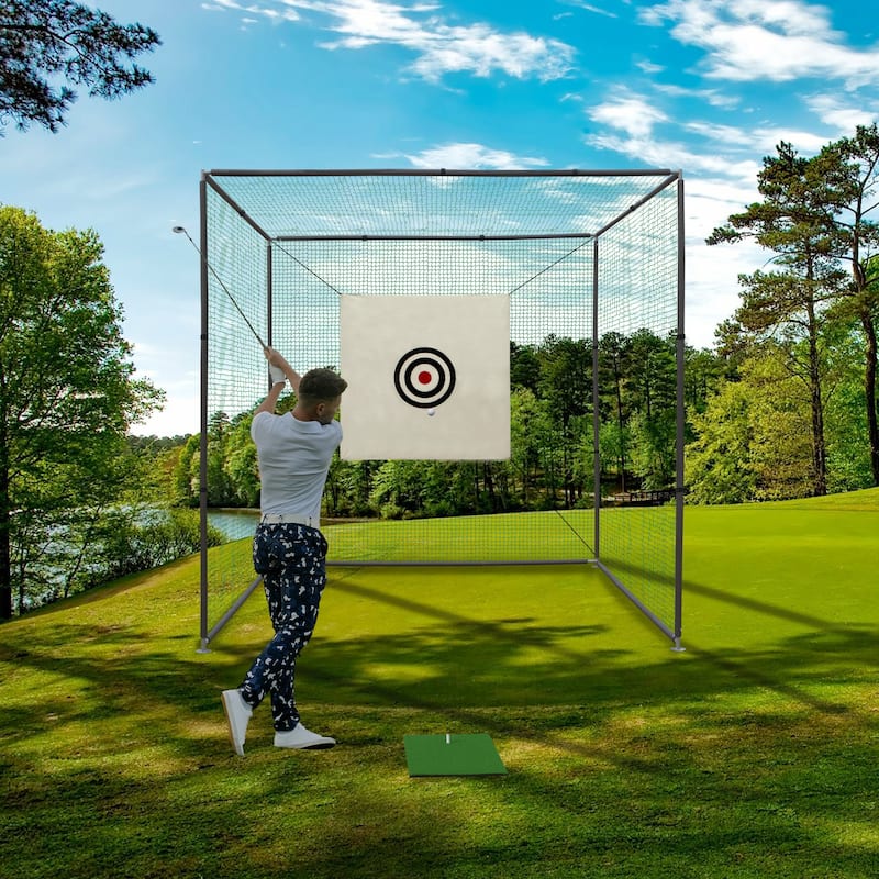 10X10FT Golf Practice Net Cage w/ Metal Frame Hitting Net Kit Indoor Outdoor - Black