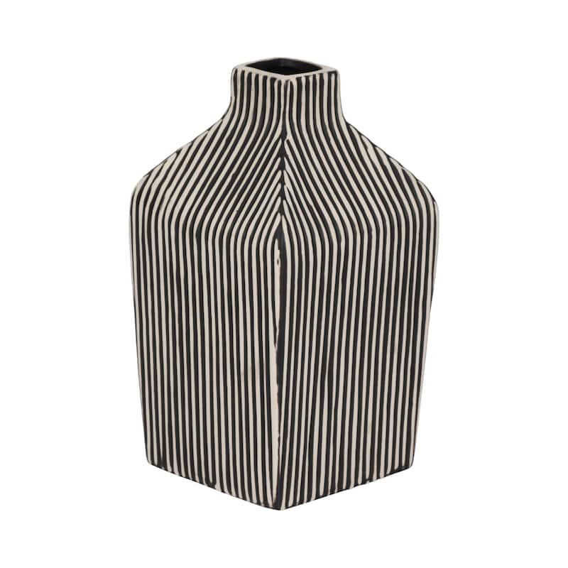 Sagebrook Home Lines Square Stoneware Vase in Black and White Finish, Unique Design