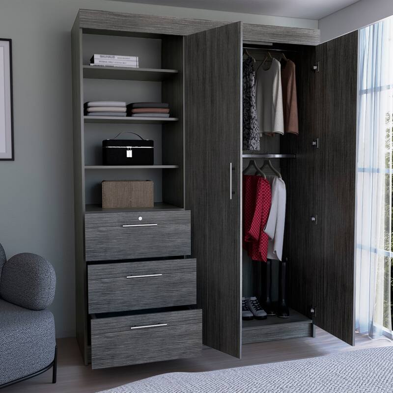 20.5" Modern Double-door Armoire with Three Large Drawers and 3-Tier Shelfs