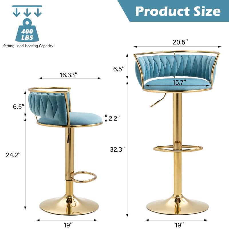 4 Set Velvet Adjustable Swivel Bar Stools With Backs