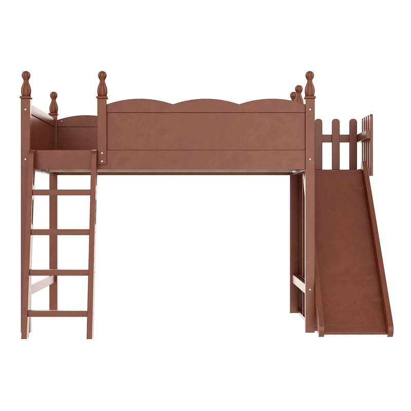 Full Loft Bed with Storage Shelves and Wardrobe, Solid Wood Loft Beds with Detachable Slide and Ladders, No Spring Box Needed