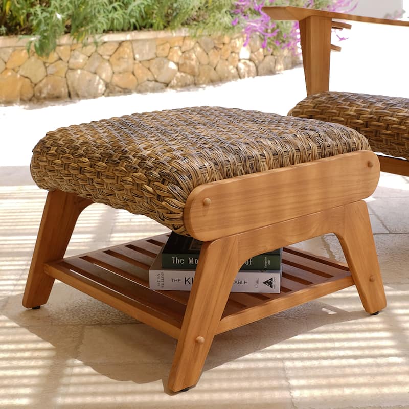 Cambridge Casual Camden Teak Outdoor Ottoman with Padded Woven Seat and FREE Patio Cover - Natural Teak/Brown Wicker