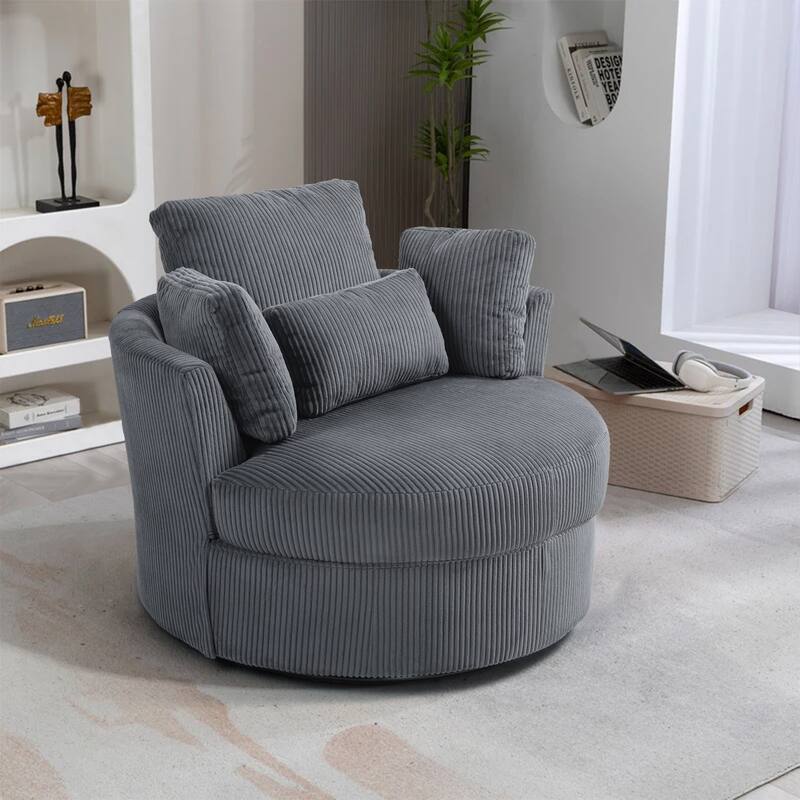 41" W Oversized Accent Barrel Swivel Chair with Moon Storage Ottoman - Single Chair - Gray Corduroy