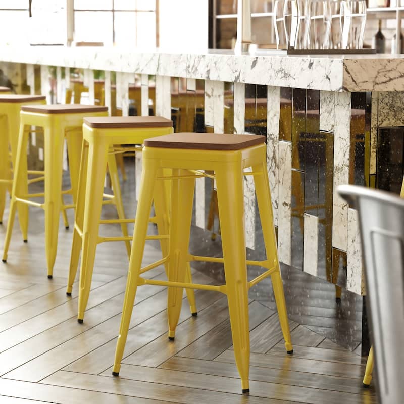 Indoor/Outdoor Backless Bar Stool with Poly Resin Seat - Yellow/Teak