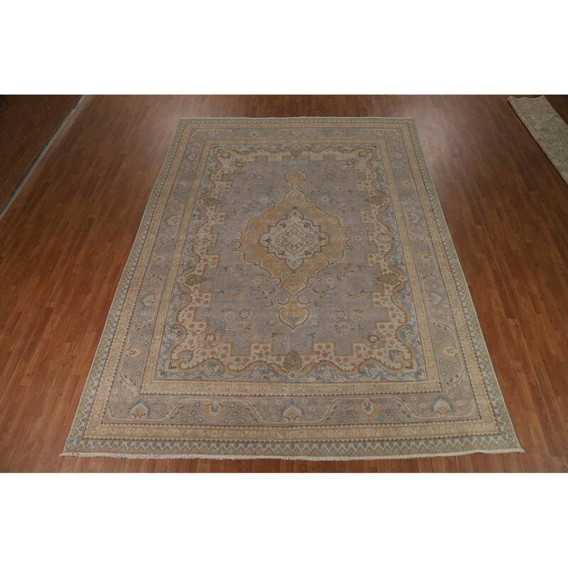 Geometric Tabriz Persian Area Rug Handmade Grey Wool Carpet - 9'3"x 12'4"