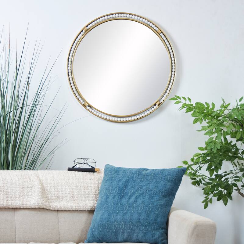 Gold Metal Room Wall Mirror with White Wood Beading - 26"D - 26"D - Gold