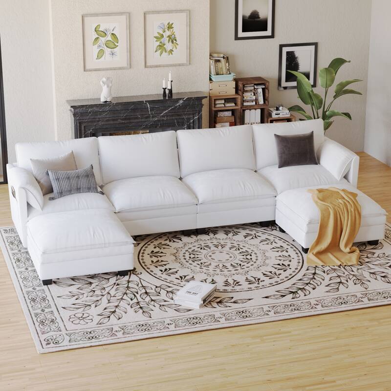 U-Shaped Sectional Sofa with Movable Ottoman, Oversized Fabric Upholstered 6 Seater Sofa, Deep Seat Sofa with Side Pockets