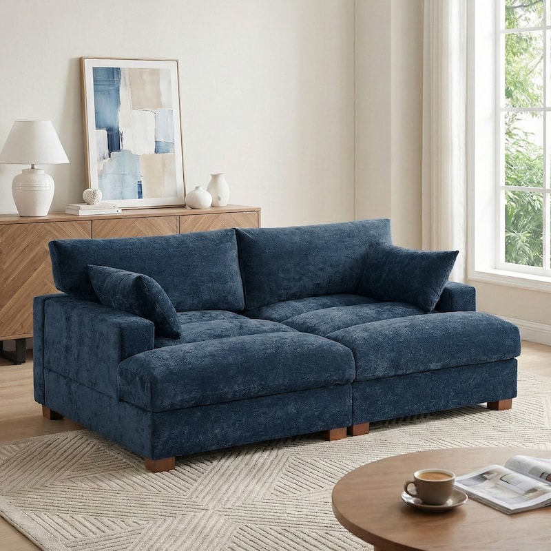 Mid-Century Chenille Adjustable Headrest Chaise Lounge Sofa - Blue - Symmetrical