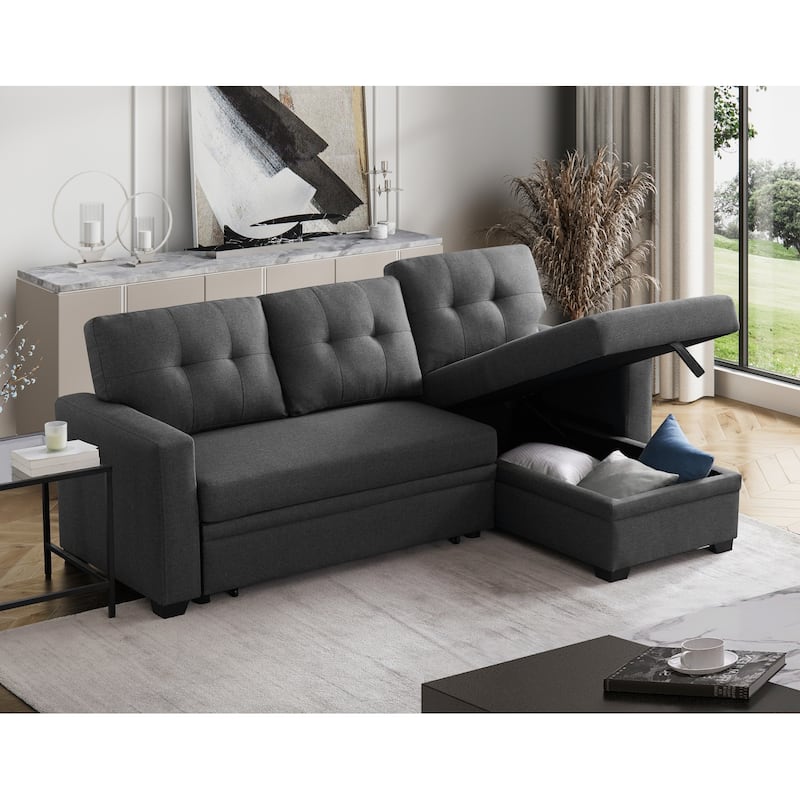 Pull-out Upholstered Sectional Sofa with Storage Chaise & Removable Cushions