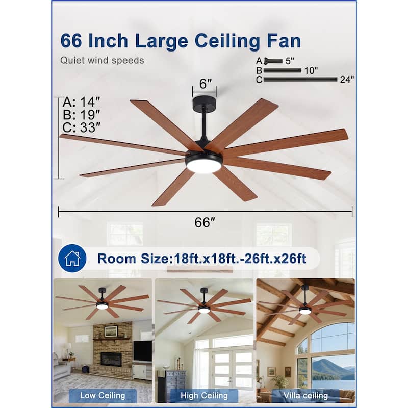 Large Ceiling Fan with Light - 8-Blade, Remote App Control, Dimmable 3CCT, Quiet DC Motor​, 66/72 Inches