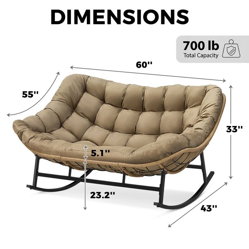 60" Double Papasan Rocking Chair for 2, 700-lb Capacity Wicker Egg Rocker with 5.1" Thick Cushion