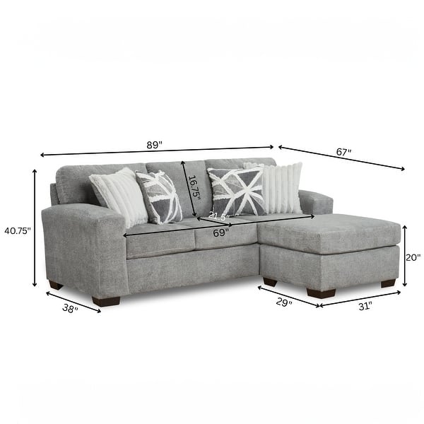 Roundhill Furniture Arden L-Shaped Convertible Living Room Sofa Chaise with Floating Ottoman, Posh Gray - 7'6" x 9'6"