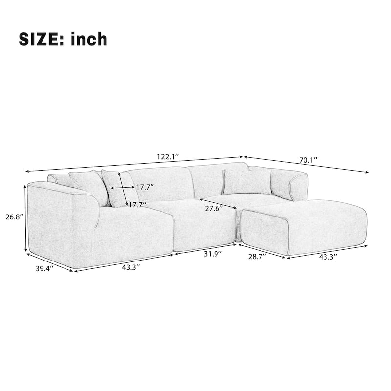 122" Luxury Velvet 4-Seater Sofa with Pure Sponge Cushions, Detachable Ottoman and 3 Throw Pillows for Living Room