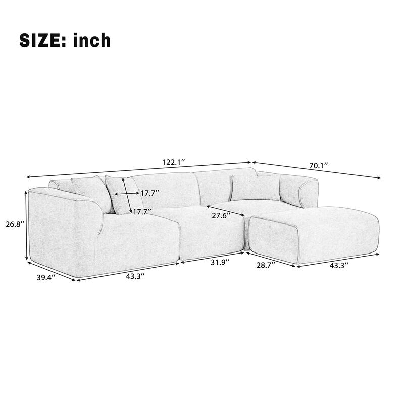 Double-Needle Cut Velvet Sofa, Upholstered Sofa with 1 Detachable Footstool & 3 Throw Pillows, Comfy 4-Seater Corner Sofa