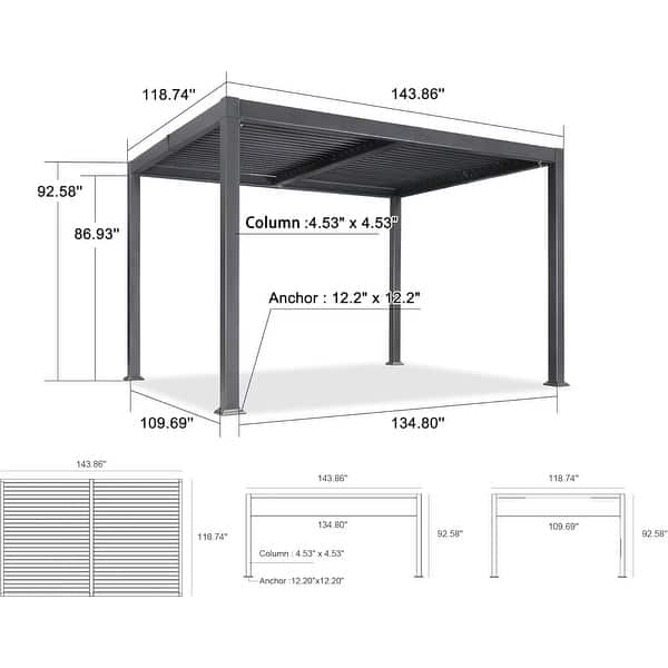 dimension image slide 13 of 36, PURPLE LEAF Outdoor Louvered Pergola with Adjustable Metal Roof for Patio Pergola