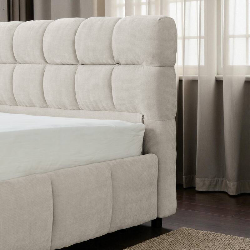 California King Upholstered Bed Frame with Chenille Fabric Headboard and Underbed Storage Drawers Modern Platform Bed