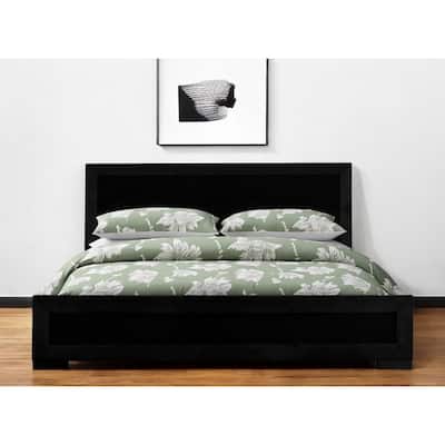 HomeRoots Black Inlaid Panels Solid Wood Queen Bed Frame